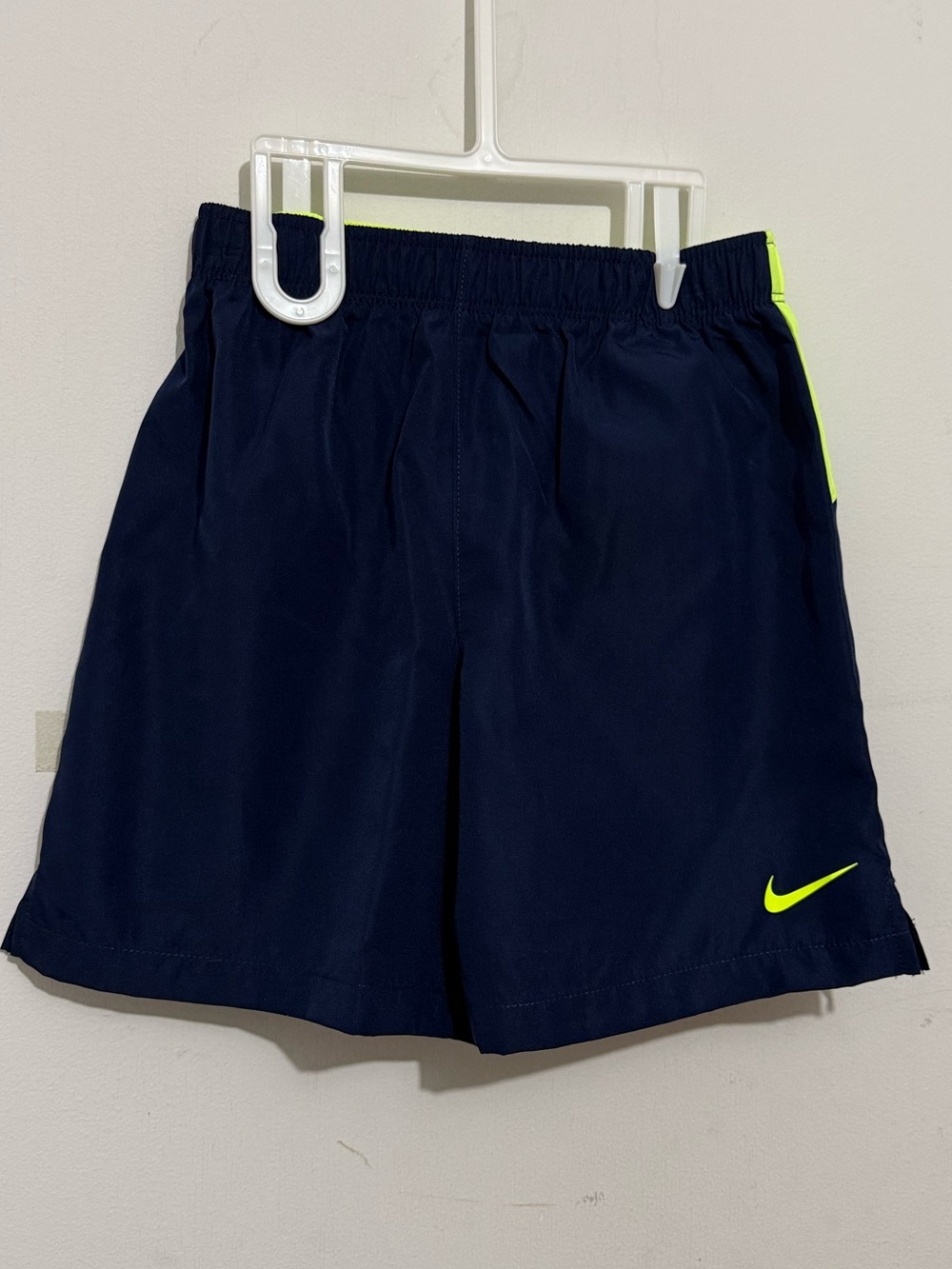 Nike Dri-Fit Kids Navy Blue Shorts with Neon Yellow Swoosh Size 7